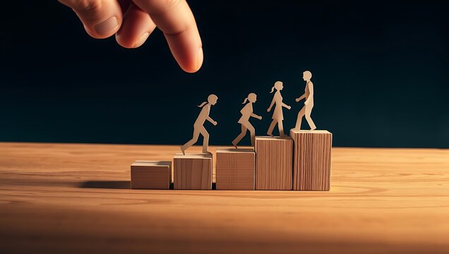 Finger pointing at paper cutouts of people climbing wooden block stairs image photo