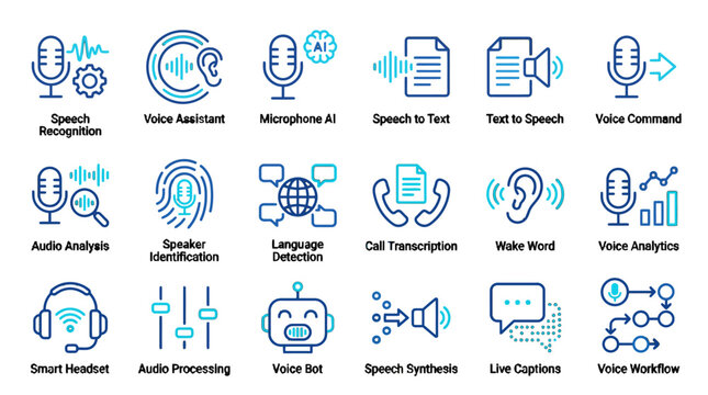 Professional blue outline icons for voice AI technology including speech recognition, voice assistant, microphone AI, speech to text, and audio analysis tools.