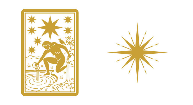 Golden starburst and nymph illustration with white background