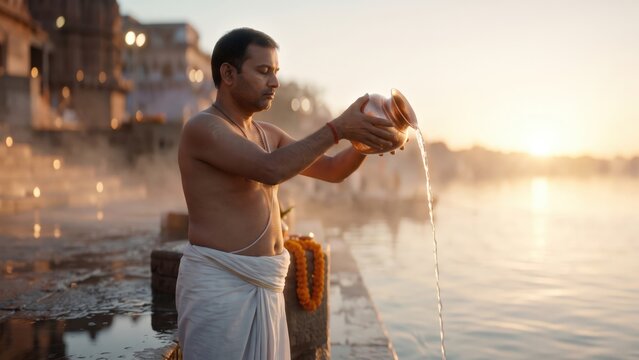 Hindu Priest Performing Arghya &ndash; Sacred Sunrise River Ritual.