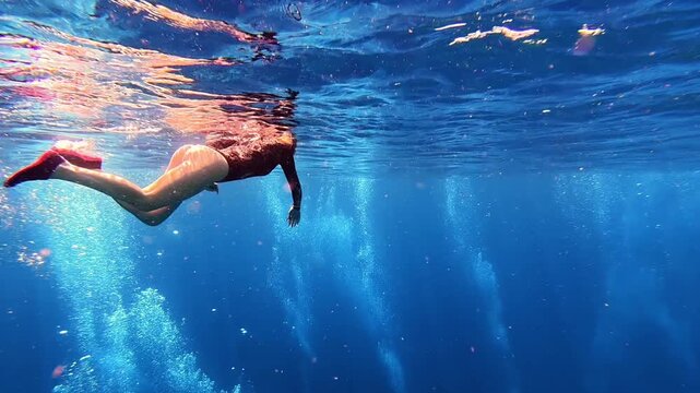 Woman snorkeling at Gili Islands, Bali, seen from behind as bubbles from scuba divers rise up. Crystal clear blue water, vibrant adventure, and tropical underwater freedom.