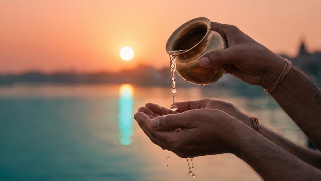 Hands Offering Arghya at Sunrise &ndash; Sacred Hindu Prayer Ritual.
