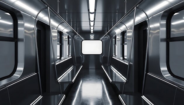 Reflective Interior of a Modern Subway Train with Blank Screen and Seats compo