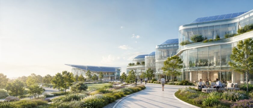 Sustainable campus with modern architecture under bright sunshine