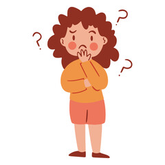 Fototapeta na wymiar Cartoon girl with question marks on her head