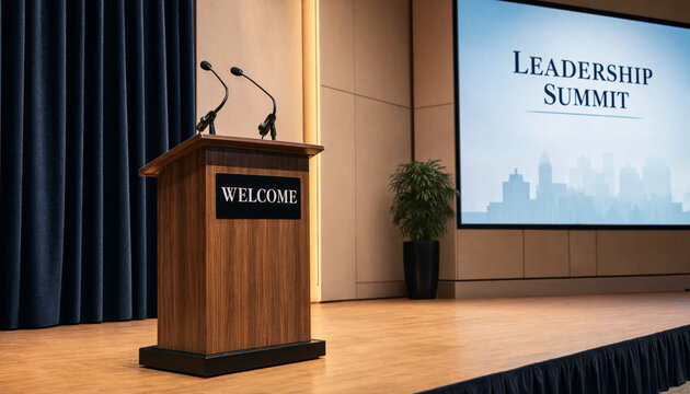 Podium stands empty on a polished wooden stage in a professional conference hall with microphones waiting for a speaker while a large projection screen displays text for an upcoming summit.