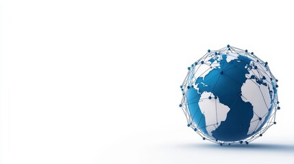 Fototapeta premium A 3D digital rendering of a blue and white globe (Earth) positioned on the right side of the frame, leaving a large white space on the left (copy space). The globe is encased in a blue