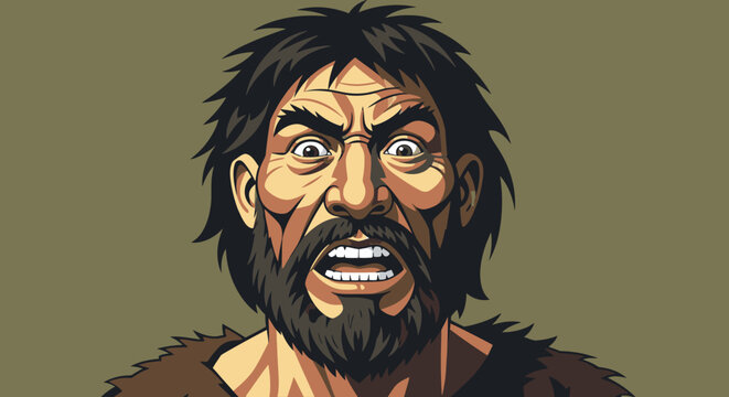 Caveman portrait with expressive face and beard vector illustration