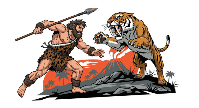 Caveman battles saber tooth tiger with spear vector illustration