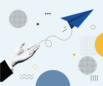 Halftone Pop Art Collage with Hand Launching Paper Plane. Business Startup, Digital Communication and Message Sending Concept. Retro Vintage Style with Blue and Yellow Geometric Shapes and Dotted