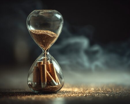 Hourglass filled with cigarettes instead of sand, time and health slipping away concept, glass transparency, moody atmospheric lighting, mortality awareness symbol