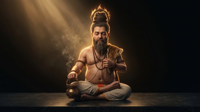 Sage Agastya Meditation Portrait &ndash; Divine Spiritual Ascetic Art.