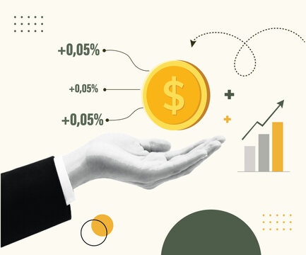 Halftone Pop Art Collage with Hand Holding Dollar Coin with Percentage Growth Chart. Financial Investment, Profit Increase, and Wealth Management Concept. Retro Vintage Style with Geometric Shapes 