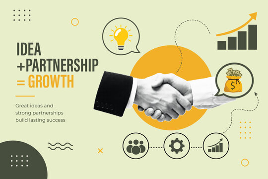 Halftone Pop Art Collage with Business Handshake, Lightbulb and Growth Chart. Idea Plus Partnership Equals Growth, Investment and Financial Success Concept. Retro Vintage Style with Infographic Icons 
