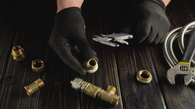 Technician measures brass plumbing fittings with calipers while surrounded by various tools and components on a wooden work surface