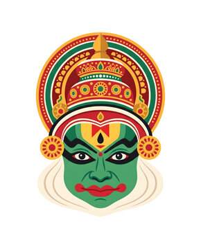 Traditional Kerala Kathakali mask flat vector illustration isolated on white background for Onam festival celebration cultural branding and commercial graphic design