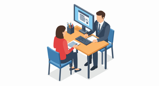 Professional job interview session featuring a recruiter and a candidate sitting at an office desk in isometric style