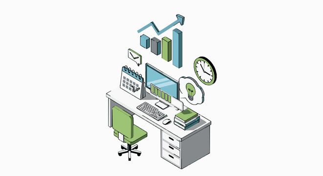 Isometric digital workspace with business productivity icons and growth charts for modern corporate planning