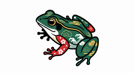 Obraz premium Stylized green frog illustration with traditional japanese pattern motifs in a decorative graphic art vector design