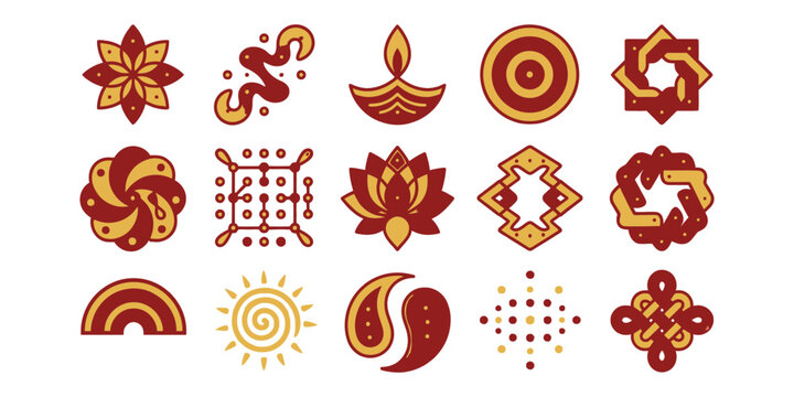 Detailed collection of geometric mandala patterns and decorative Indian motifs in gold and maroon colors for Diwali festival, wedding, and cultural designs.