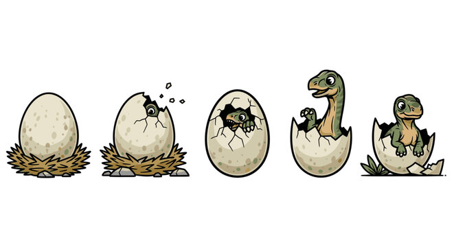 Dinosaur egg hatching sequence cartoon illustration isolated on white background