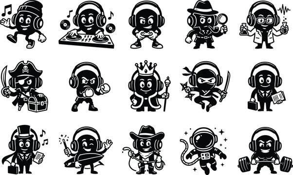 Silhouette of various cartoon characters wearing headphones in different professions and activities