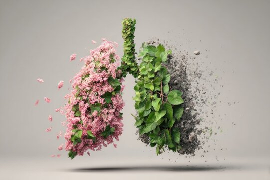 Human lungs made of fresh green leaves and pink healthy tissue, split comparison showing one side deteriorating into ash and smoke, medical illustration concept