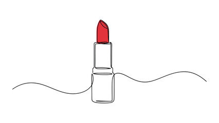 Minimalist continuous line drawing of upright lipstick with red tip, symbolizing beauty, cosmetics, fashion, elegance, simplicity, and modern abstract artistic design © Clipzax