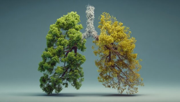 Human lungs made of fresh green trees versus lungs made of cigarette smoke, split composition, hyper-realistic, environmental concept, vibrant colors