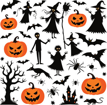 Halloween Silhouette Collection Featuring Witches Bats And Pumpkins