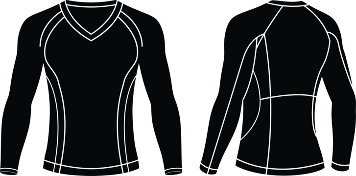 Black long sleeve compression shirt front and back view for active sports fitness apparel design