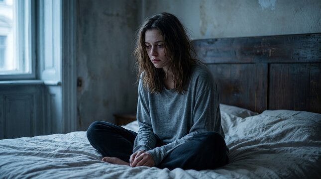 A young woman sitting on a bed in a dimly lit room, looking sad and pensive. Her posture suggests deep thought or emotional distress.