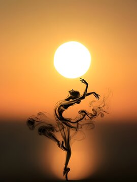 Ballerina silhouette dancing against a vibrant sunset with a large sun