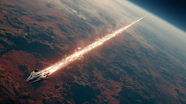 An orbital perspective looking down at a futuristic spaceship leaving a fiery trail of energy while flying over the surface of a desolate, rocky red planet.