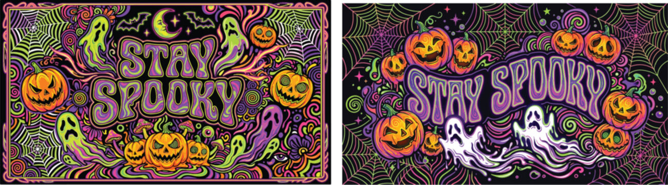 Retro Psychedelic Stay Spooky Halloween Banner Design with Neon Pumpkins and Ghosts