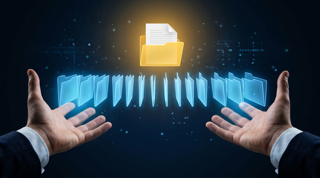 Businessperson organizing digital files and folders in a document management system, representing digital archive, document control, secure retrieval, records management, and workflow automation.