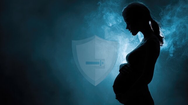 Pregnant woman's silhouette with protective shield blocking cigarette smoke, maternal health priority, defensive stance, baby protection visualization, emotional family safety