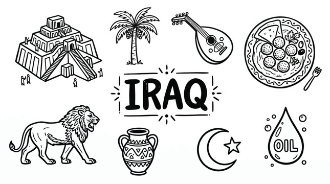 Iraq culture icons illustration featuring ziggurat, palm tree, oud instrument, lion, oil drop, crescent moon, pottery, and traditional food plate