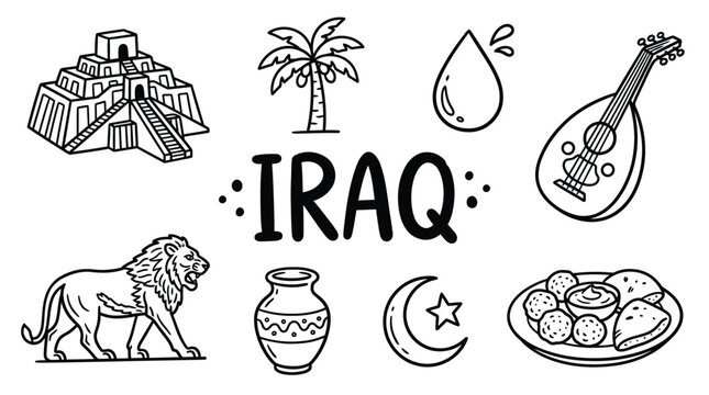 Iraq culture icons illustration featuring ziggurat, palm tree, oud instrument, lion, oil drop, crescent moon, pottery, and traditional food plate