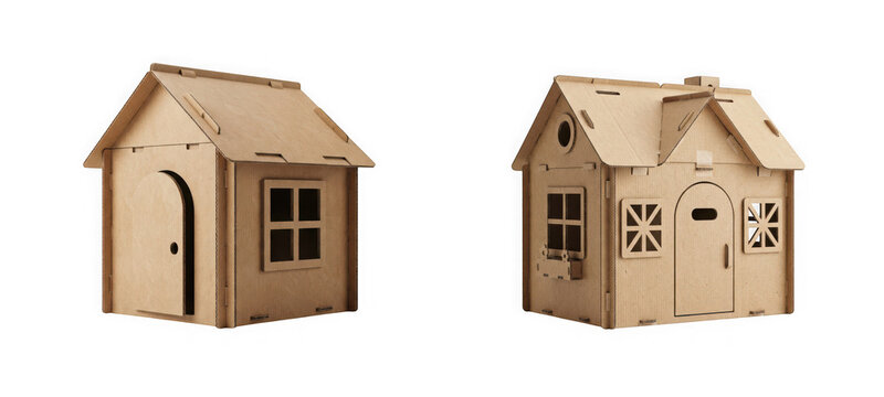 Miniature cardboard playhouses for children isolated on transparent background