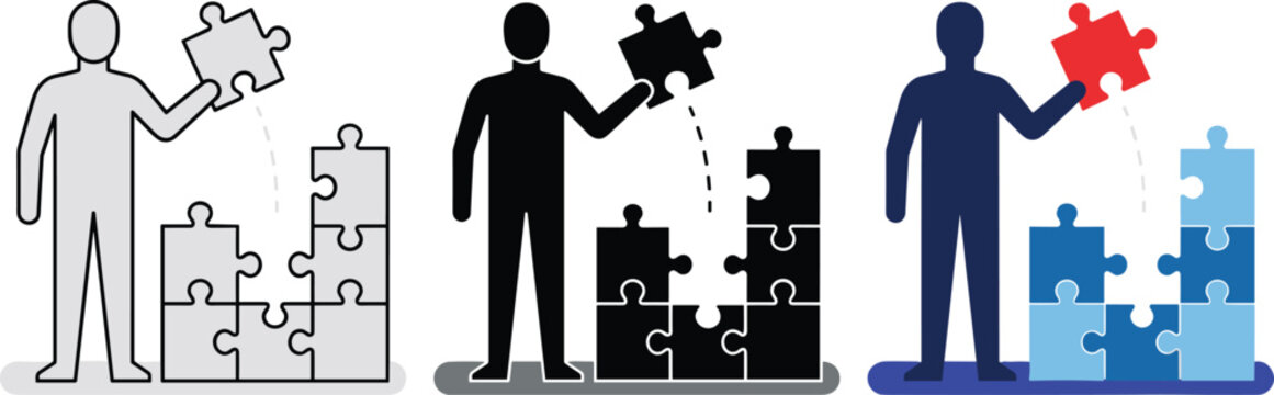 Puzzle solving icon collection featuring teamwork and problem solving in outline glyph and flat color vector illustration styles