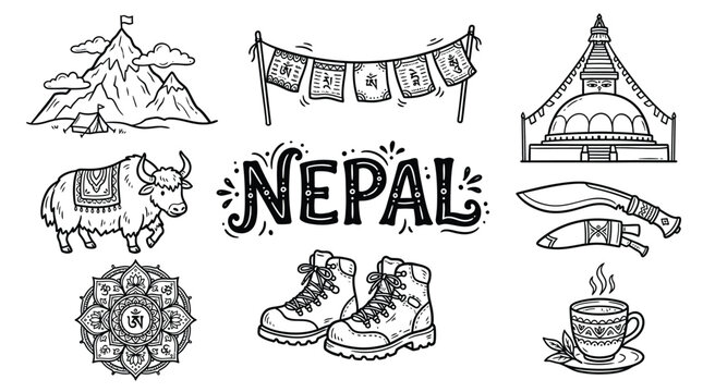 Nepal culture icons illustration featuring Mount Everest, stupa, prayer flags, yak, trekking boots, khukuri knife, mandala, and tea cup design