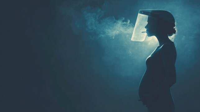 Pregnant woman's silhouette with protective shield blocking cigarette smoke, maternal health priority, defensive stance, baby protection visualization, emotional family safety