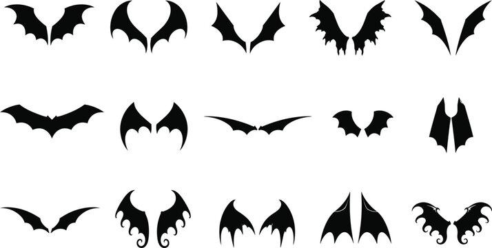 Set of black bat wings icons in various shapes for halloween designs and fantasy character art isolated on transparent background, Vector