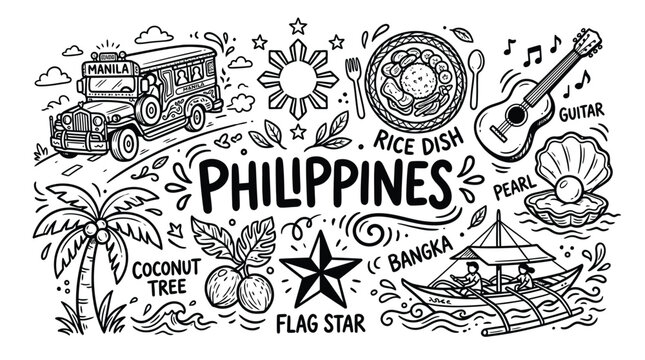 Philippines culture icons illustration featuring jeepney, rice dish, guitar, pearl, coconut tree, flag star, bangka boat, and sun symbol design