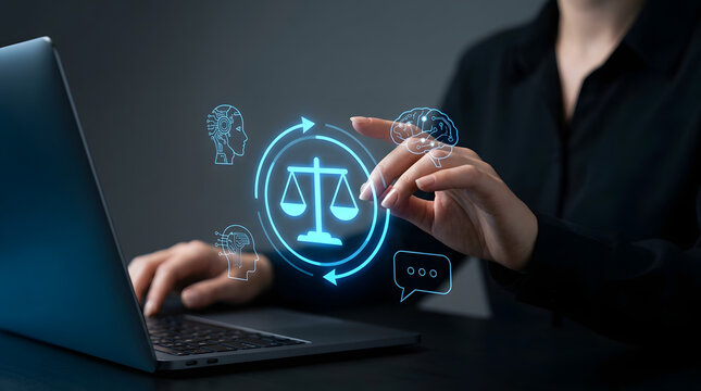 Woman interacting with law scale icon on laptop, digital justice concept
