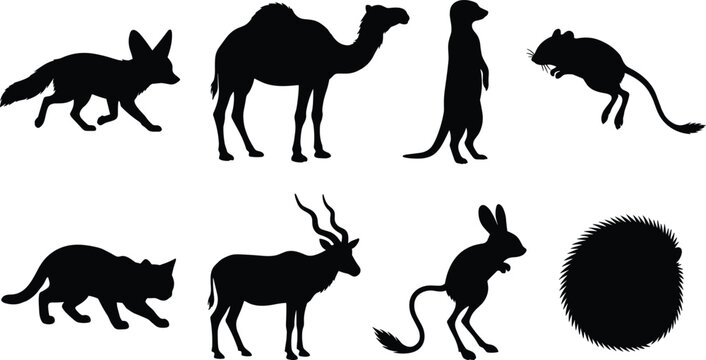 Wild Animal Silhouette Set with Camel Fox Antelope Rodent and Hedgehog
