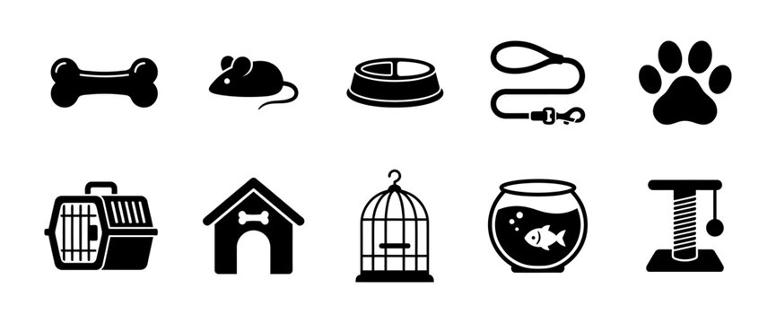 Pet care icons featuring bone mouse bowl leash paw carrier kennel birdcage and fish tank.