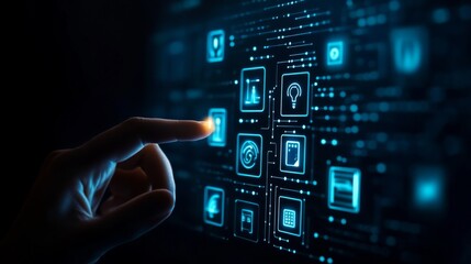 Fototapeta premium Subject A hand (finger) touching a glowing digital interface. Composition Close-up of a handfinger on the left, interactive iconsHUD (Heads-Up Display) on the right, dark background,