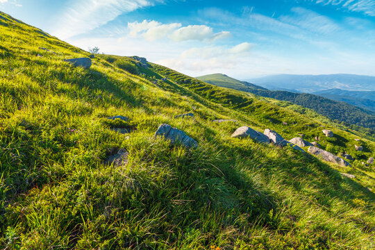 mountain landscape with grass and rock on a slope. view in to the distant valley of carpathian mountains. mountainous scenery of ukraine in summer. green environment concept for poster